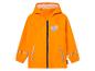 Une veste imperméable orange avec des détails réfléchissants et un imprimé d'éléphant.