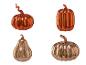 Quatre citrouilles décoratives en verre, deux orange et deux dorées.