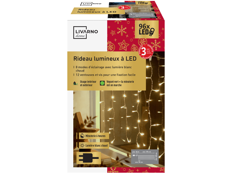 Rideau lumineux LED avec 96 LED blanc chaud, 8 modes, minuterie et garantie 3 ans.