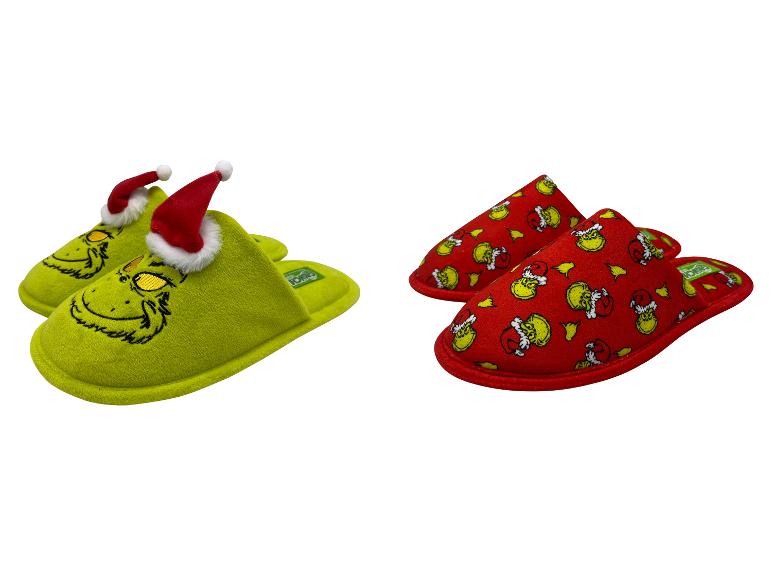Pantoufles Grinch vertes et rouges avec des bonnets de Père Noël