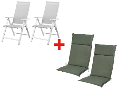 LIVARNO home Lot de 2 fauteuils Houston, blanc/gris clair + 2 Coussins pour fauteuil de jardin Houston, vert