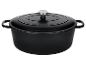 Cocotte en fonte noire avec couvercle et bouton argenté.