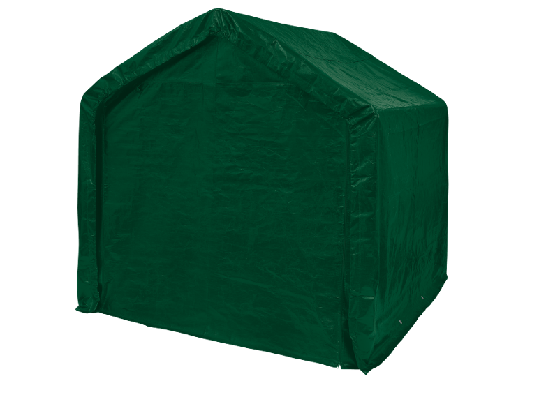 Abri de jardin vert avec toit en pente, fabriqué en toile résistante.