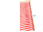Store en tissu rayé rouge et blanc partiellement enroulé, avec un cadre en bois.
