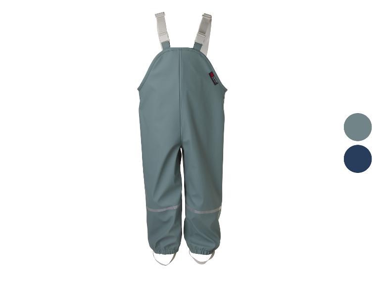 Pantalon de pluie enfant gris-vert avec bretelles et détails réfléchissants.