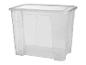 Boîte de rangement en plastique transparent avec couvercle.