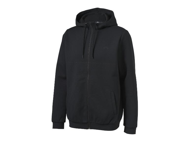 Sweat à capuche noir zippé avec un logo discret sur la poitrine, présenté sur fond blanc.