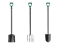 Ensemble d'outils de jardin PARKSIDE®: bêche pointue, pelle et fourche à bêcher.