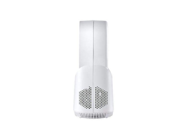 Purificateur d'air portable blanc avec grilles de ventilation, vu de dos.