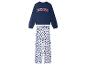 Un pyjama bleu marine à manches longues avec l'inscription 'Bonjour' et un pantalon à fleurs.