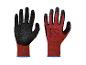 Deux gants de travail rouges et noirs avec texte et symboles sur la paume.