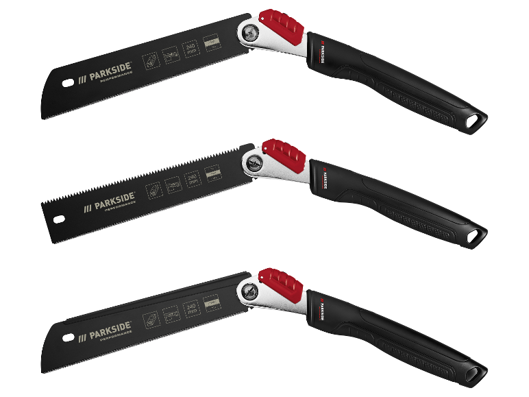 Trois scies pliantes Parkside Performance sur fond blanc.