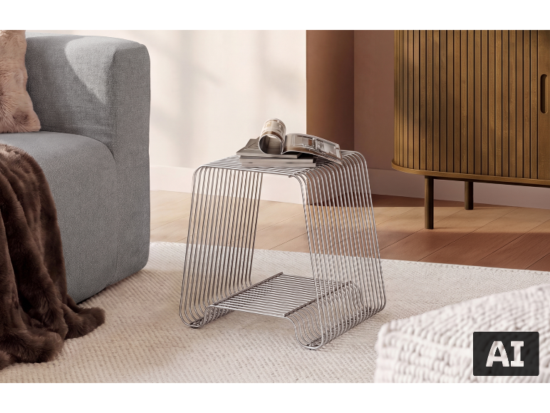 Table d'appoint en métal avec magazines, canapé gris et meuble en bois dans un salon moderne.