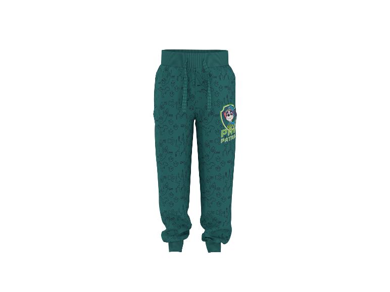 Pantalon de jogging vert sarcelle pour enfant avec motif dinosaure et personnage de dessin animé.