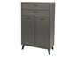 Une armoire gris foncé avec deux tiroirs et deux portes.