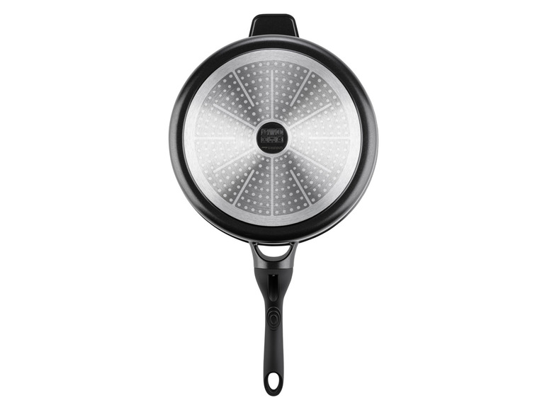 Une poêle noire avec un fond en acier de la marque 'Lavano'.