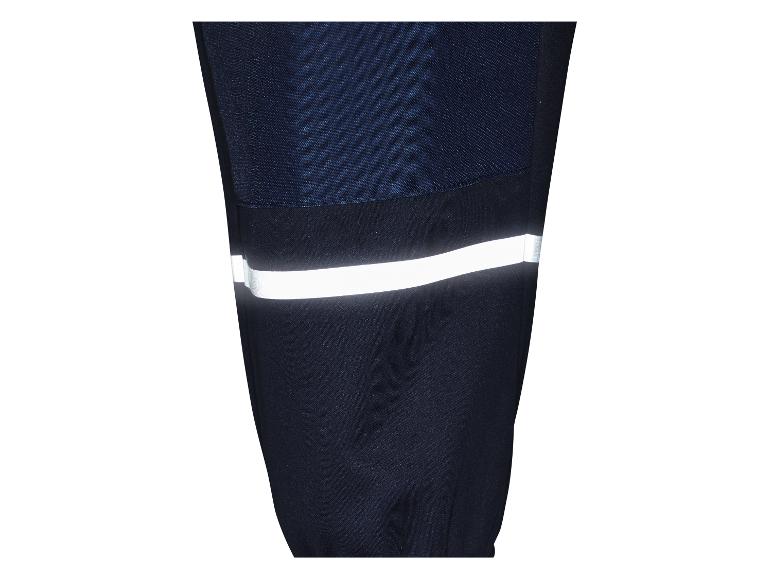 Pantalon de travail bleu foncé avec bandes réfléchissantes sur la jambe.
