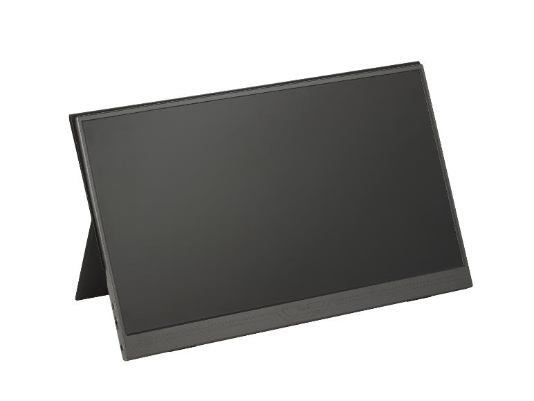 Moniteur portable noir avec écran sombre et support, vu en angle.