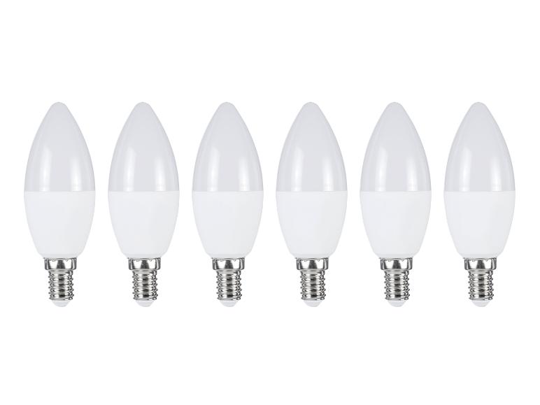 Six ampoules LED blanches en forme de bougie.