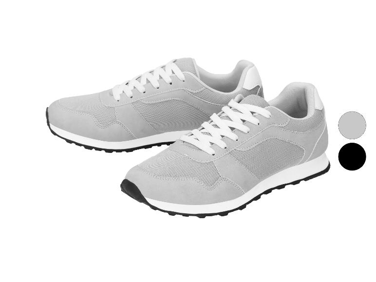 Deux chaussures de sport grises avec lacets blancs et semelles noires, avec options de couleur.