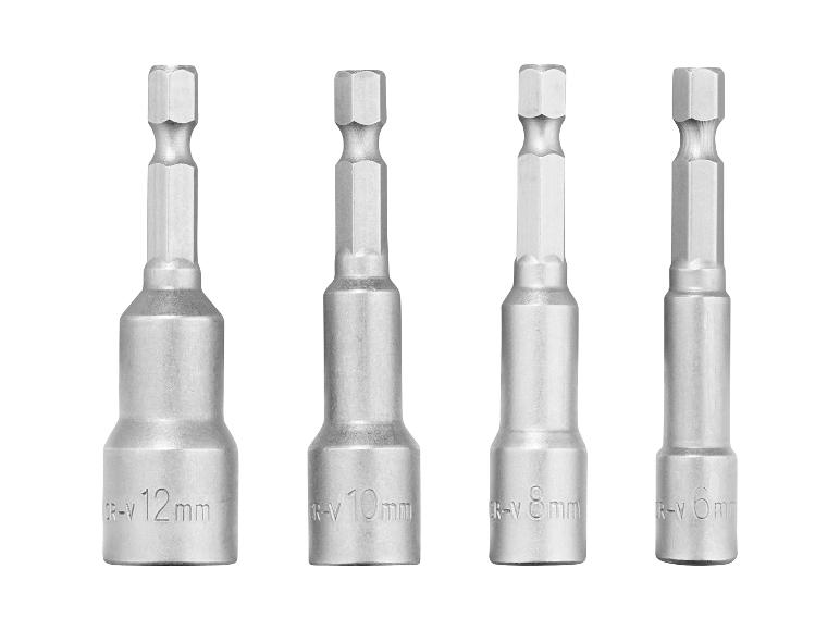 Jeu de quatre douilles à écrous en chrome vanadium, tailles 6mm, 8mm, 10mm et 12mm.