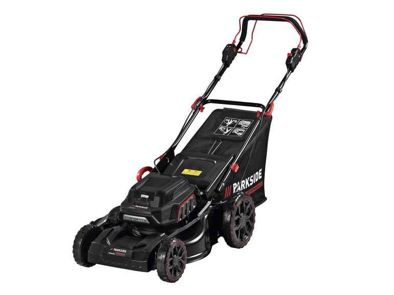 Une tondeuse à gazon Parkside noire avec des accents rouges