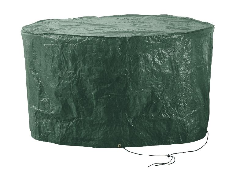 Housse de protection verte pour mobilier de jardin avec cordon de serrage.