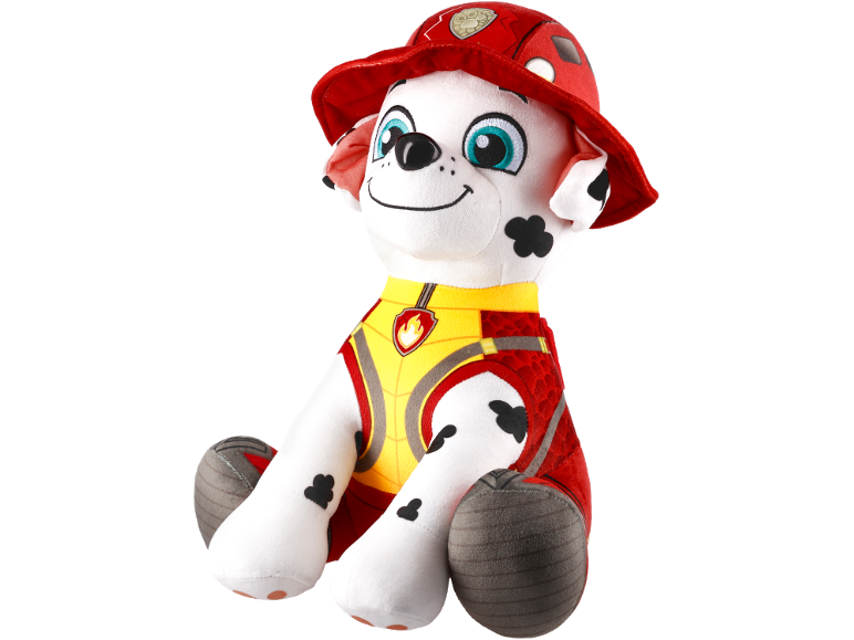 Peluche chien dalmatien avec un chapeau de pompier rouge et un gilet jaune