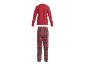 Haut de pyjama rouge et bas de pyjama à carreaux rouges et vert foncé.