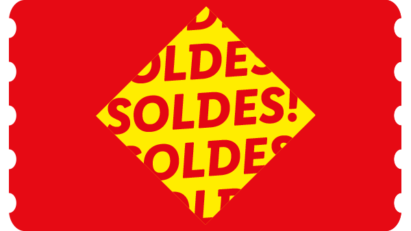 Étiquette rouge avec le texte « SOLDES ! » dans un losange jaune.