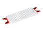 Une serpillière en microfibre blanche avec des points de fixation rouges.