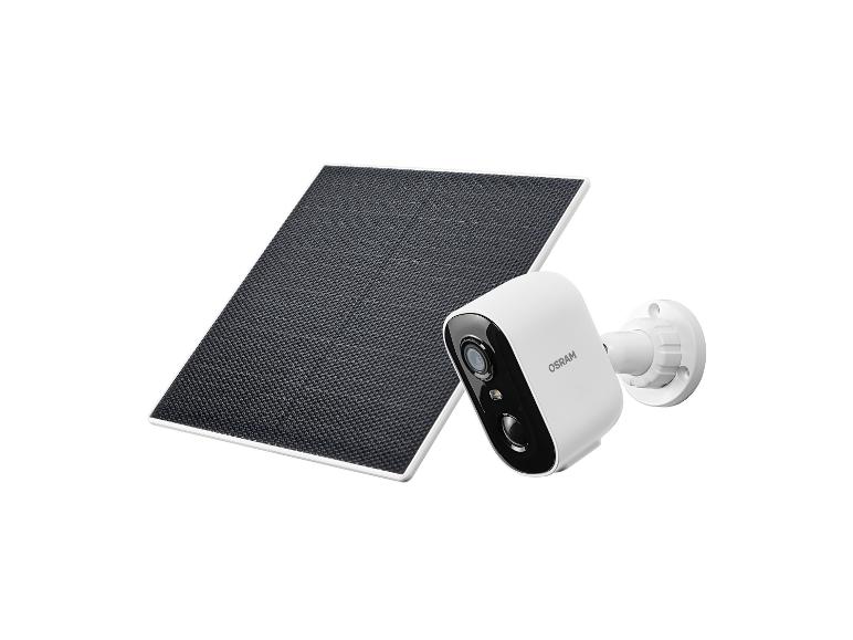 Caméra de sécurité blanche avec panneau solaire pour usage extérieur.