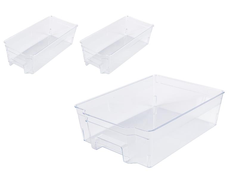 Trois bacs transparents de tailles différentes pour réfrigérateur.