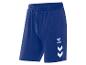 Shorts de sport Hummel bleus avec chevron blanc.