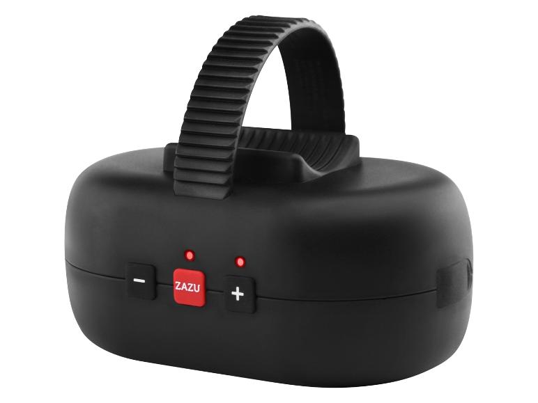 Enceinte ZAZU noire avec poignée et boutons rouges.