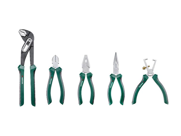 Ensemble de cinq pinces Parkside avec poignées vert foncé sur fond blanc.