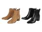 Deux paires de bottines pour femmes : une paire en daim marron et une paire en cuir noir.