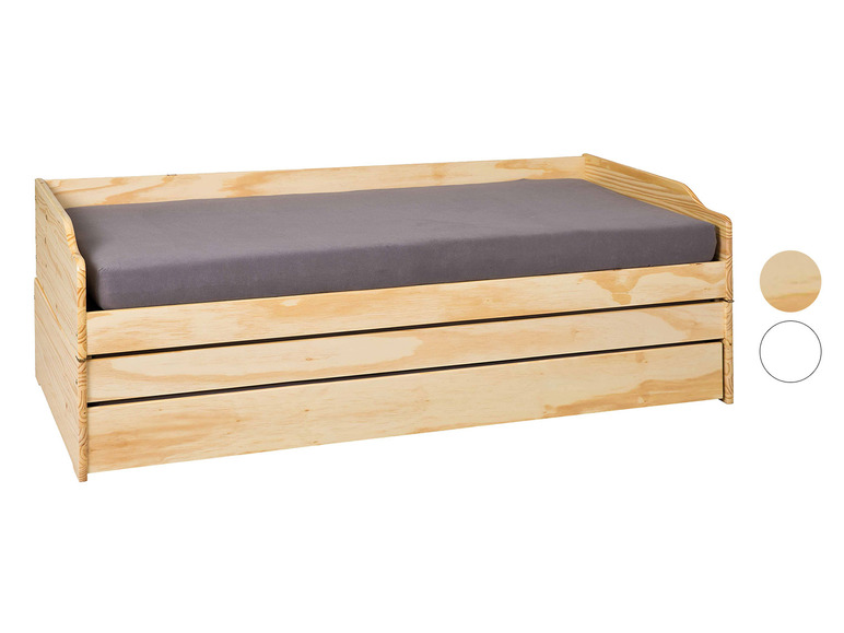 Un lit en bois avec rangement et un matelas gris.