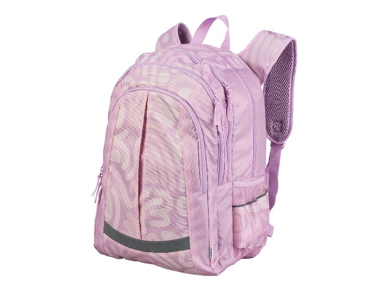 Sac à dos rose clair à motifs, idéal pour l'école.