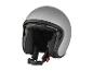 Un casque de moto gris avec une visière et une mentonnière noires.