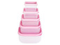 Un ensemble de quatre boîtes de rangement en plastique rose.
