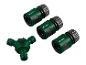 Trois raccords de tuyau d'arrosage vert Parkside et un embranchement en Y.