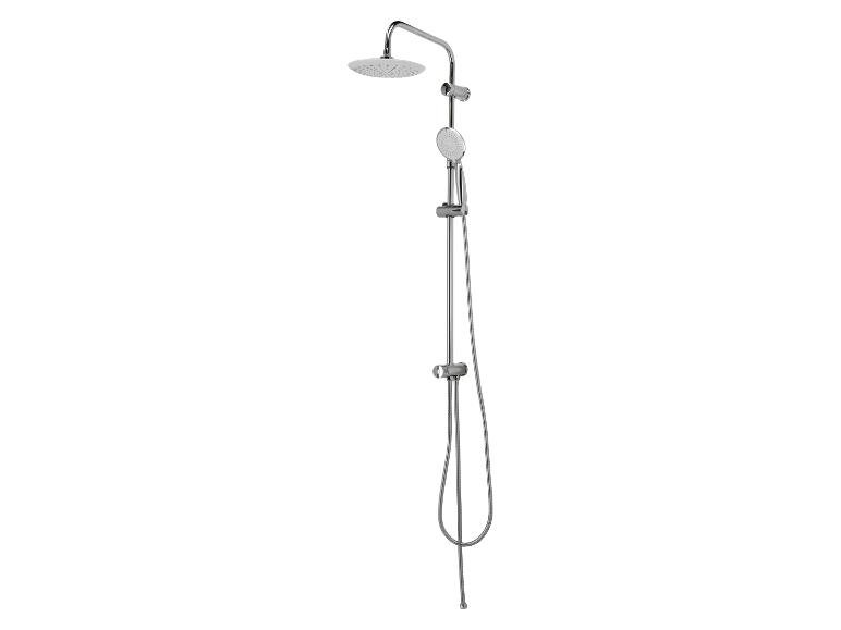 Ensemble de douche chromé avec une pomme de douche ronde et une douchette à main.