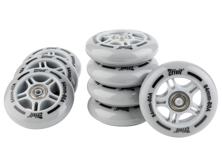 Six roues de patins à roulettes Crivit grises de 84 mm.