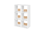 Étagère blanche à six cubes avec des détails en bois.