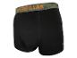 Boxers noirs pour hommes avec ceinture camouflage et texte orange.