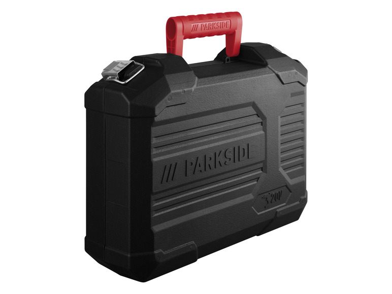 Une boîte à outils noire Parkside avec une poignée rouge.