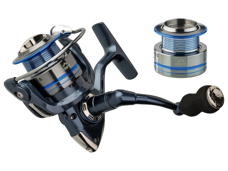 Moulinet de pêche Crivit bleu et gris avec bobine supplémentaire.