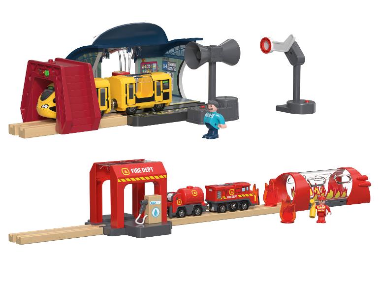 Ensemble de jeu en bois avec train de métro et train de pompiers.