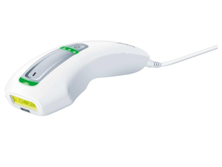 Épilateur à lumière pulsée blanc avec des indicateurs lumineux verts et un cordon.
